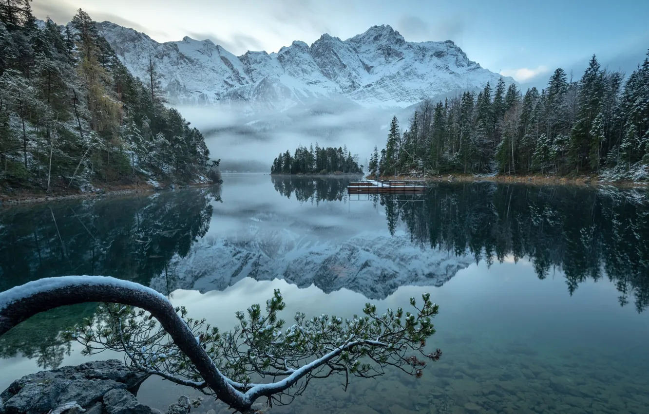 Фото обои зима, иней, лес, снег, горы, ветки, туман, озеро