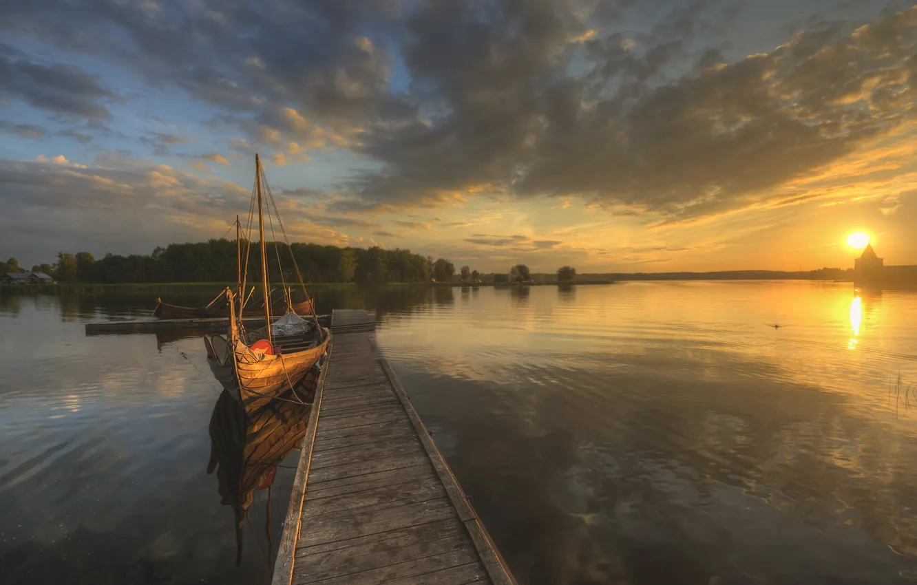 Фото обои лодка, пирс, водоем