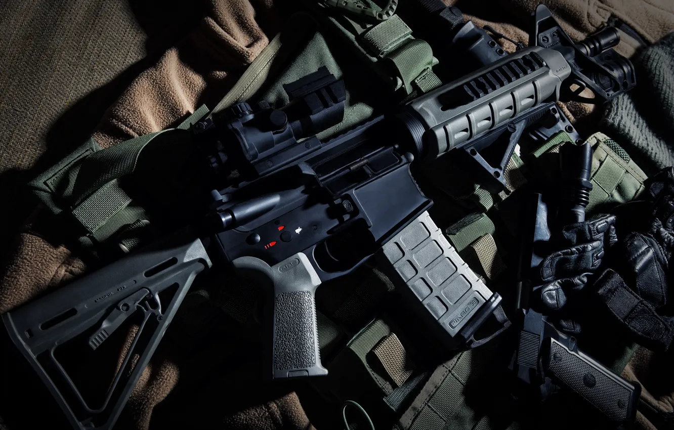 Фото обои оружие, размытость, боке, wallpaper., Beretta M9, автоматический карабин, амуниция камуфляж снаряжение, пистолет тактический фонарь