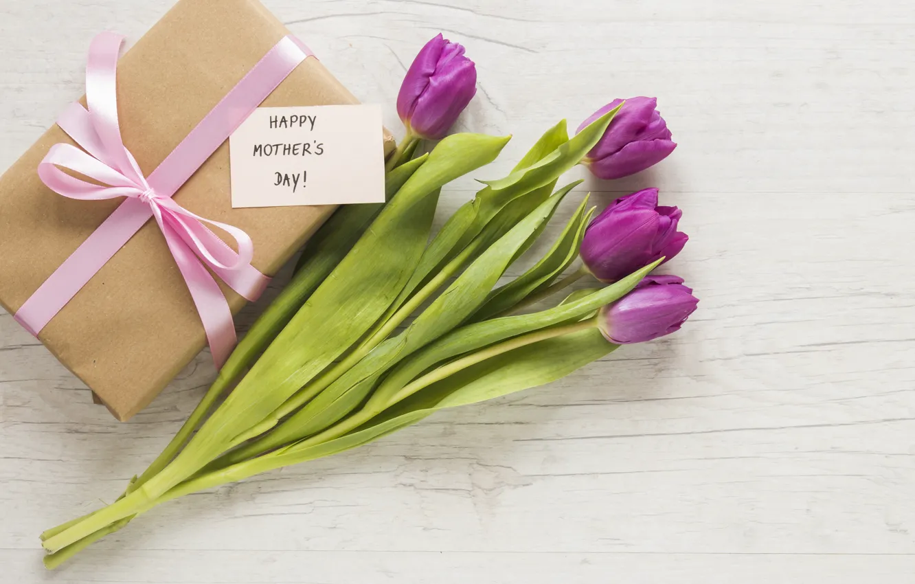 Фото обои цветы, подарок, букет, тюльпаны, happy, flowers, tulips, purple