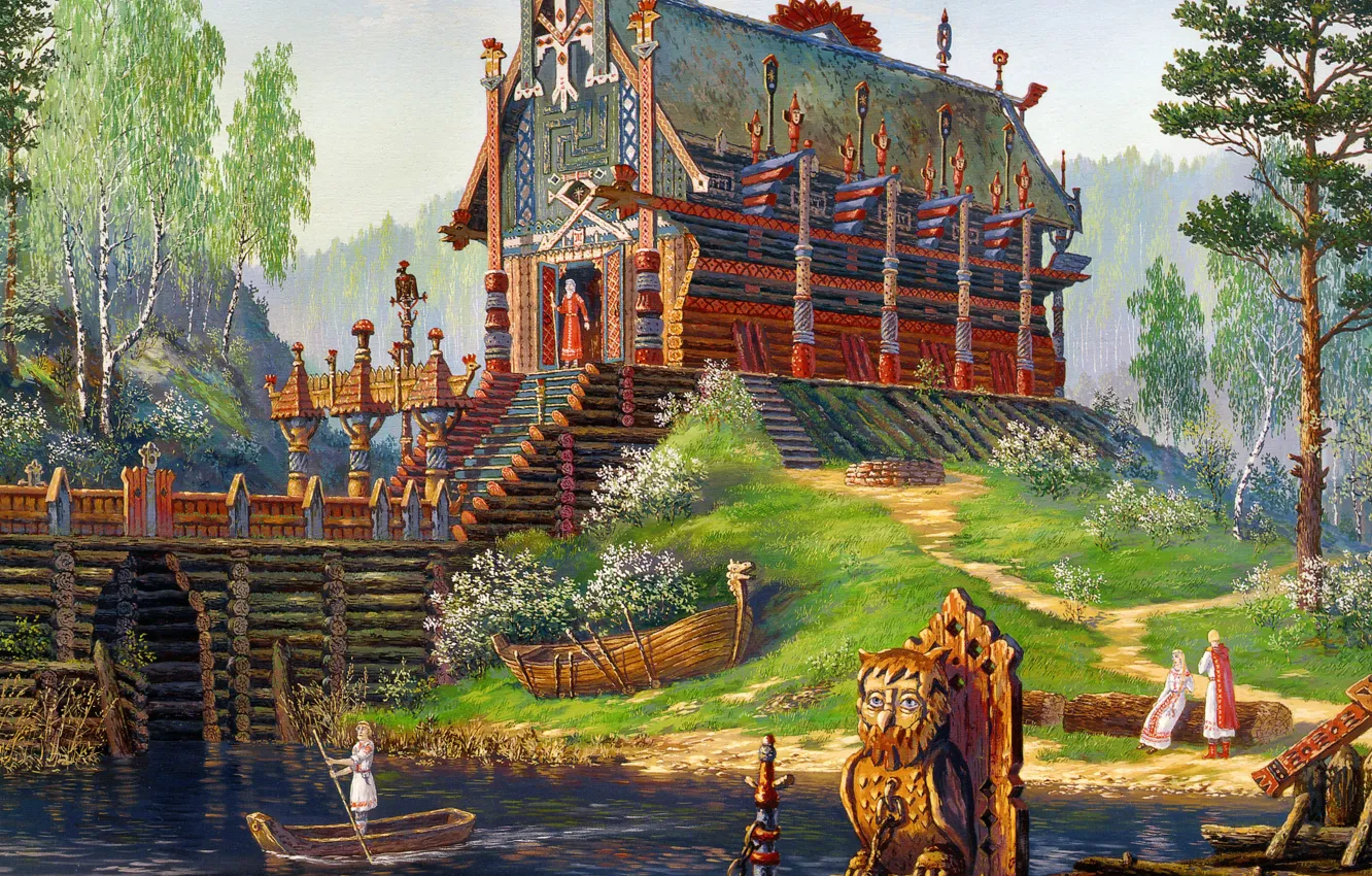 Фото обои река, лодка, весна, храм, живопись, искусство, история, Всеволод Иванов