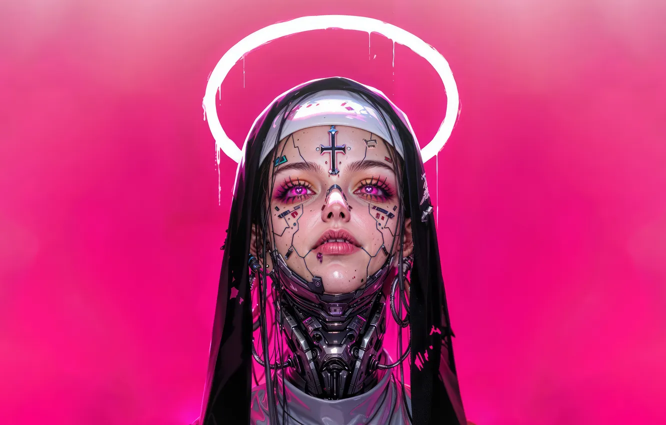 Фото обои Anime, Sci-Fi, Pink Background, Cyberpunk, Nun, Anime Girl