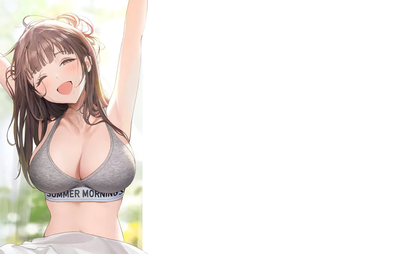 Фото обои girl, boobs, stretch, smile, anime, breasts, big boobs, babe