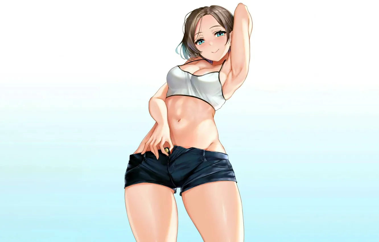 Фото обои girl, sexy, cleavage, shorts, brown hair, boobs, anime, beautiful