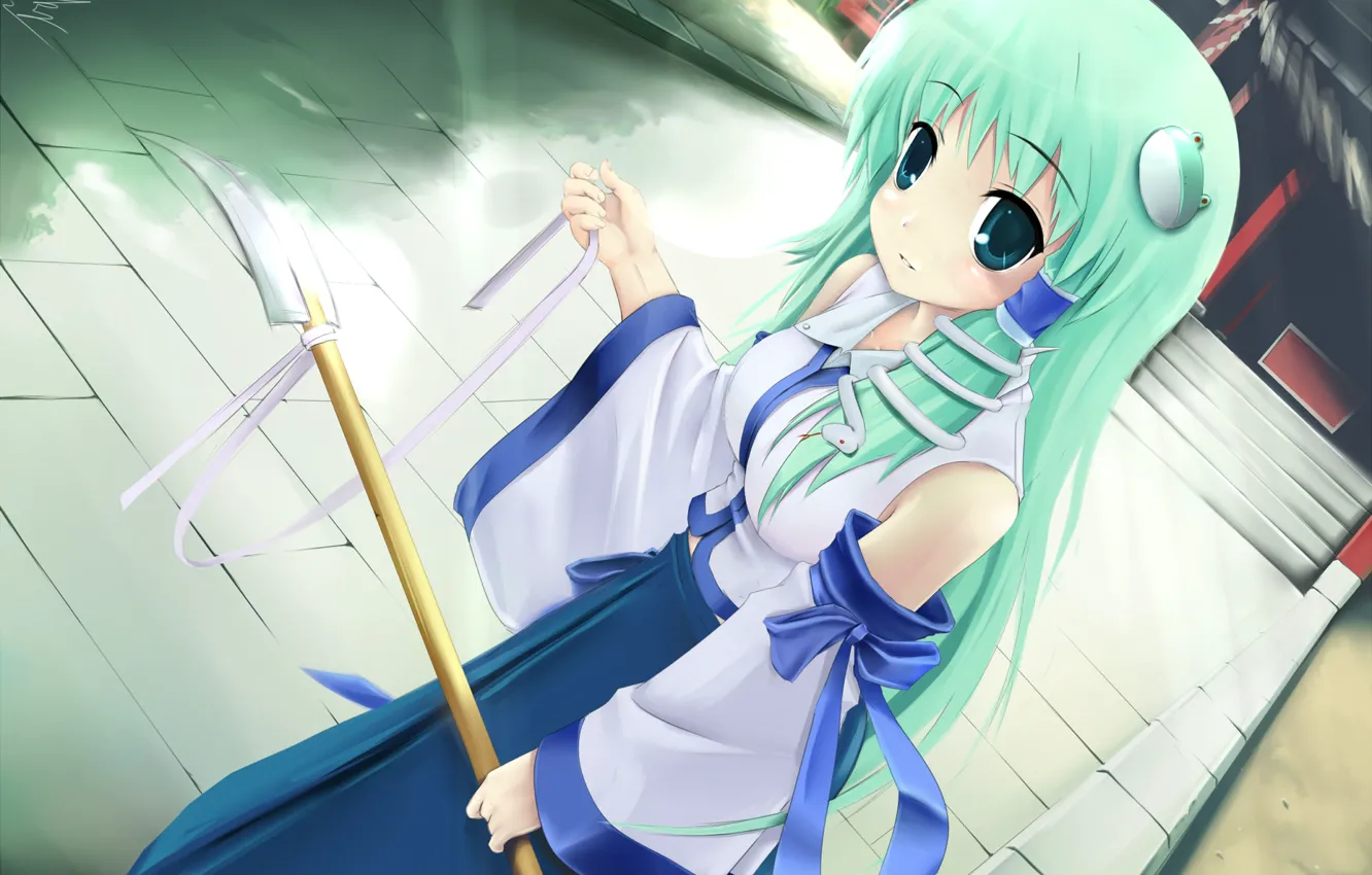 Фото обои храм, жрица, зеленые волосы, Kochiya Sanae, белая змея, каменная дорожка, Touhou Project, Проект Восток