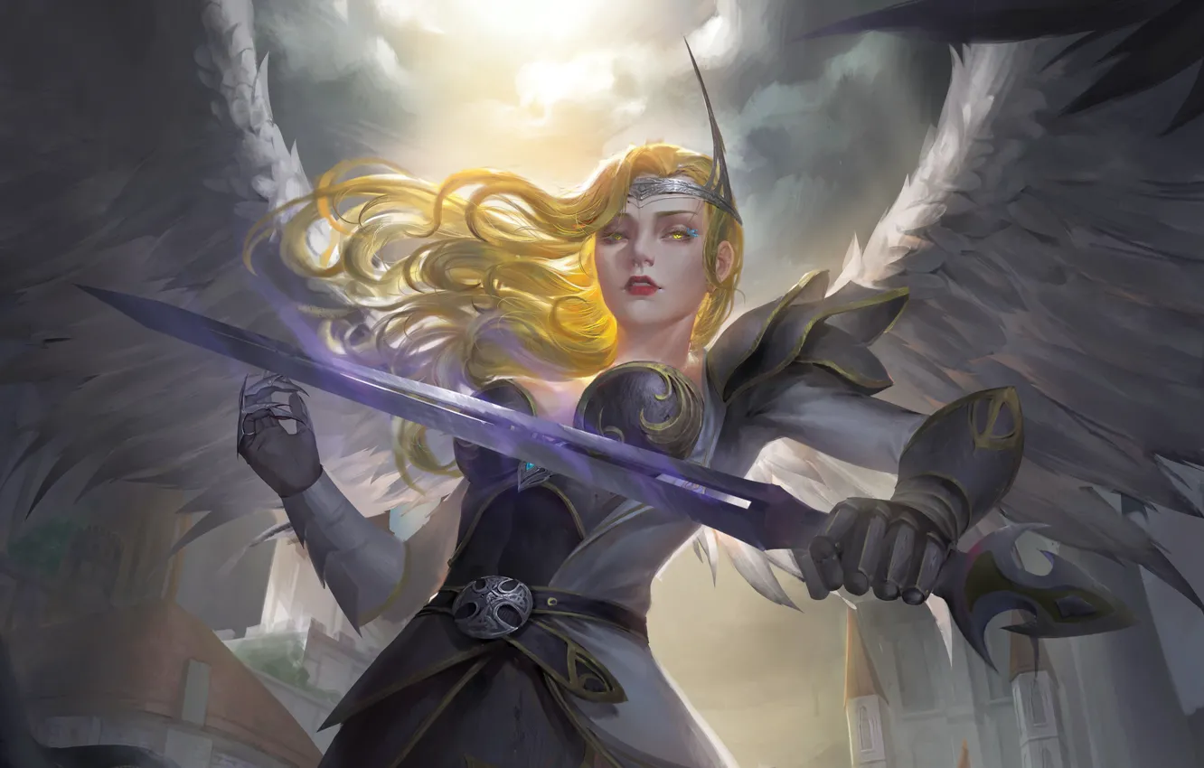 Фото обои взгляд, девушка, оружие, крылья, ангел, меч, доспехи, фэнтези