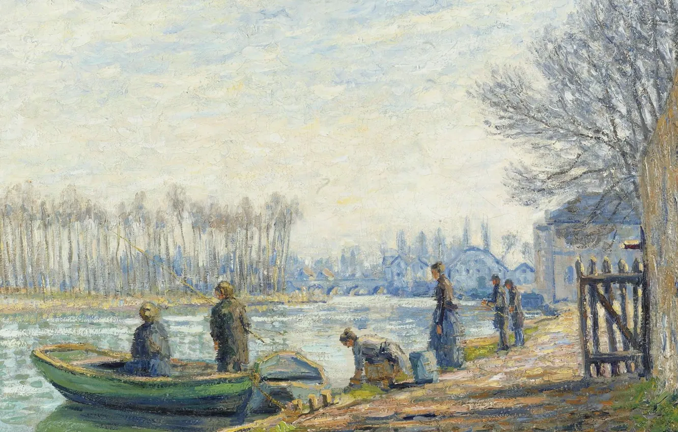 Фото обои пейзаж, река, люди, лодка, картина, Francis Picabia, Франсис Пикабиа, Рыбаки в Море-сюр-Луэне