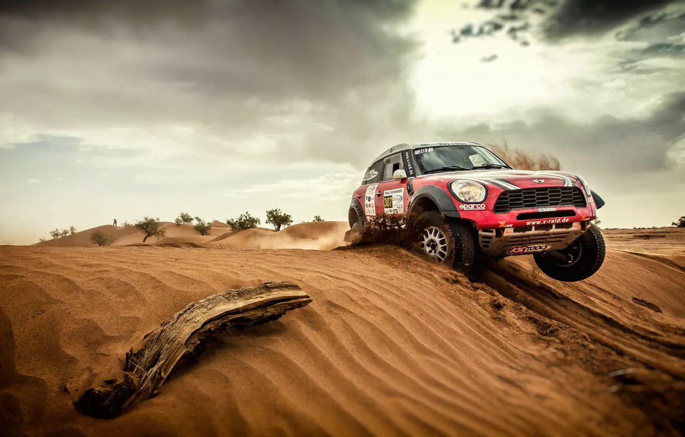 Фото обои Песок, Красный, Авто, Mini, Спорт, Пустыня, Машина, Скорость
