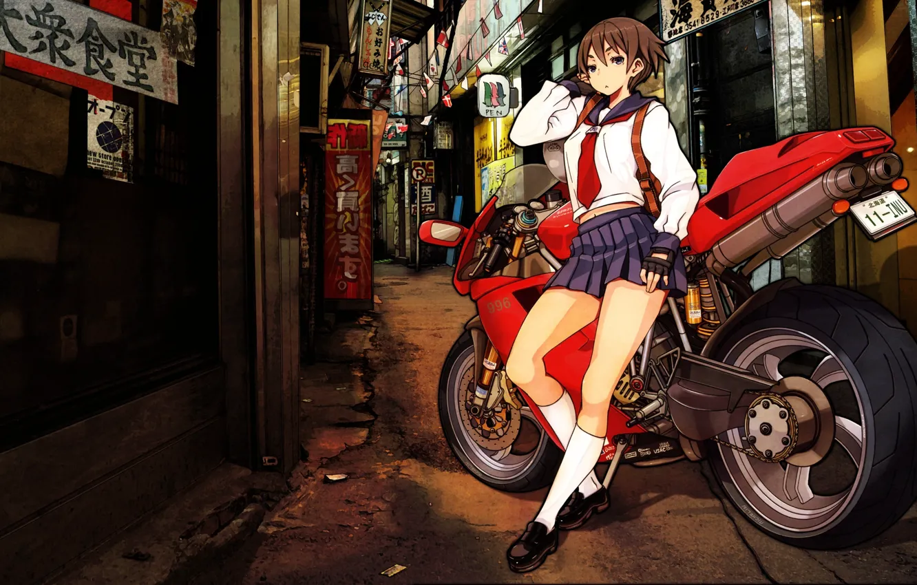 Фото обои девушка, город, мотоцикл, переулок, japan, hetalia