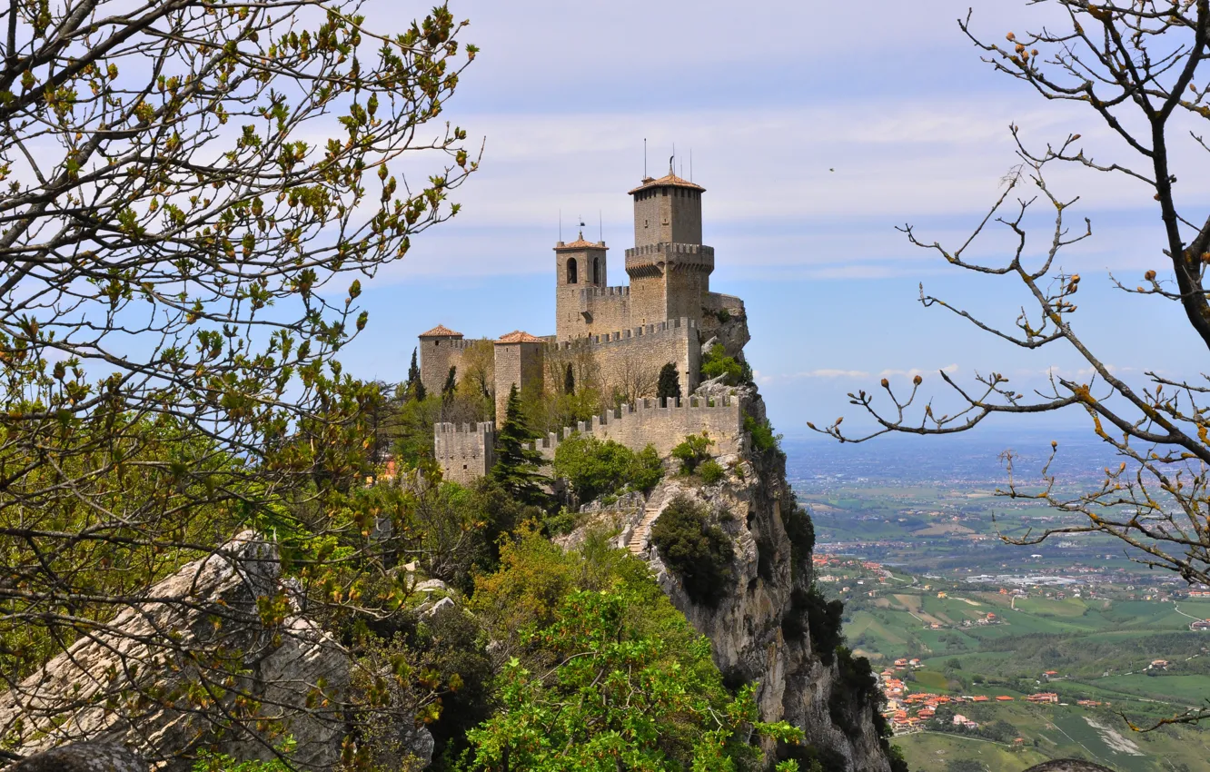 Фото обои Скалы, Замок, Пейзаж, San Marino