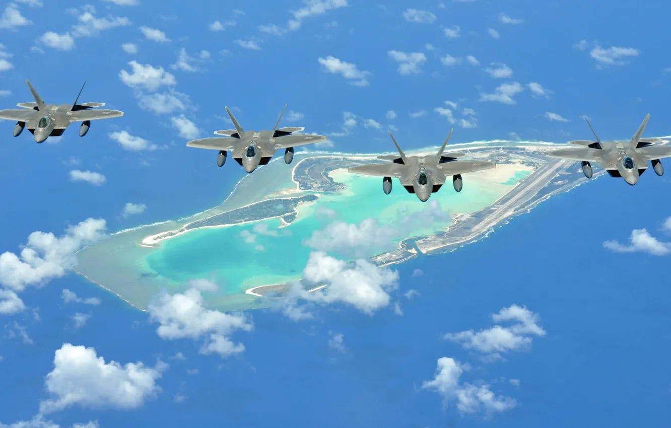 Фото обои море, полет, остров, истребители, F-22 Raptor, многоцелевые, «Раптор»