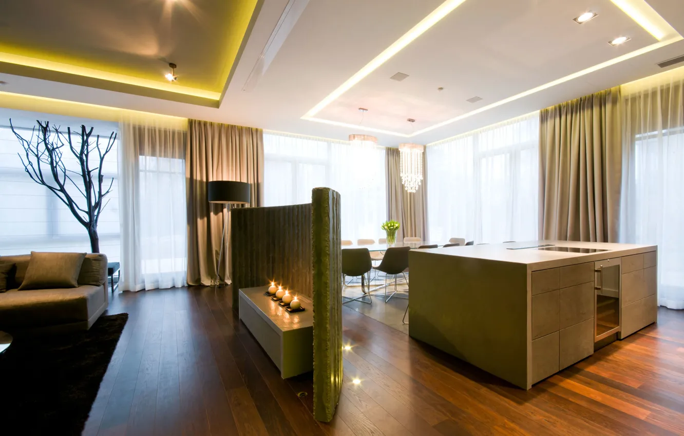 Фото обои дизайн, стиль, интерьер, living, apartment, kitchen and dining area in elegant luxurious design