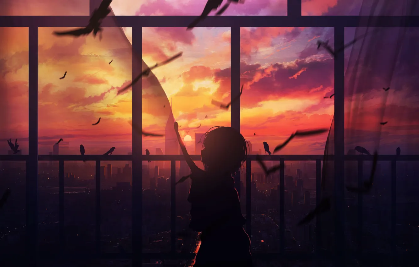 Фото обои девушка, закат, птицы, окно