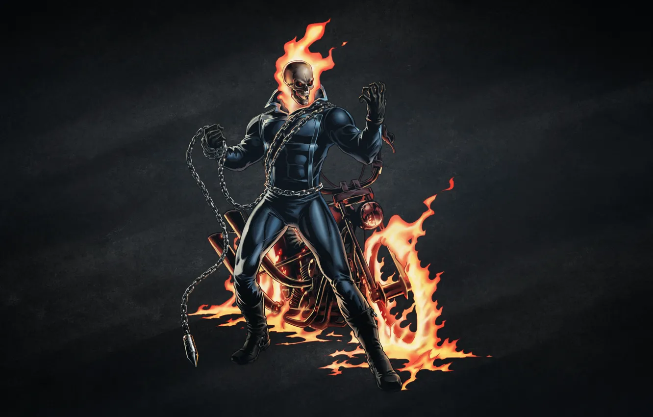 Фото обои темный фон, огонь, череп, цепь, скелет, мотоцикл, Ghost Rider, Призрачный гонщик