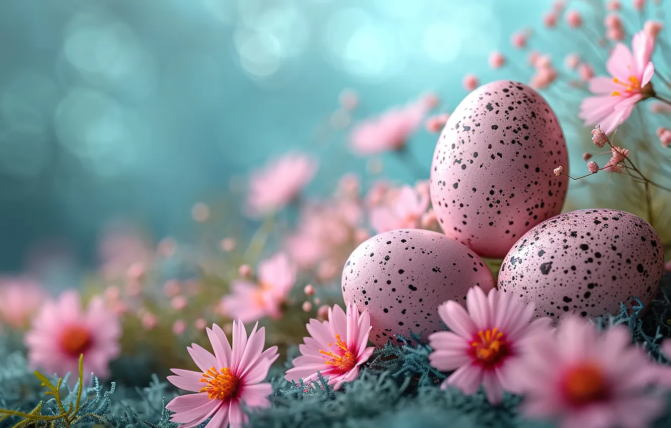 Фото обои цветы, яйца, весна, colorful, Пасха, happy, pink, flowers