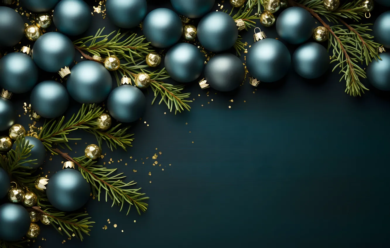 Фото обои украшения, темный фон, золото, шары, Новый Год, Рождество, golden, new year