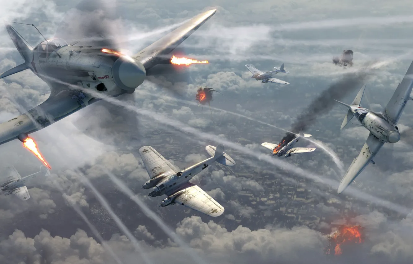 Фото обои небо, облака, война, дым, истребитель, бомбардировщик, Арт, ОКБ
