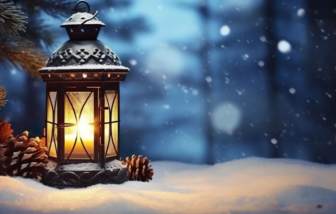 Фото обои зима, снег, ночь, Рождество, фонарь, Новый год, Christmas, night