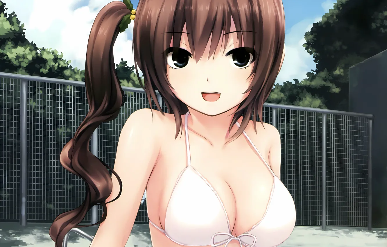 Фото обои girl, sexy, cleavage, long hair, trees, brown hair, boobs, anime