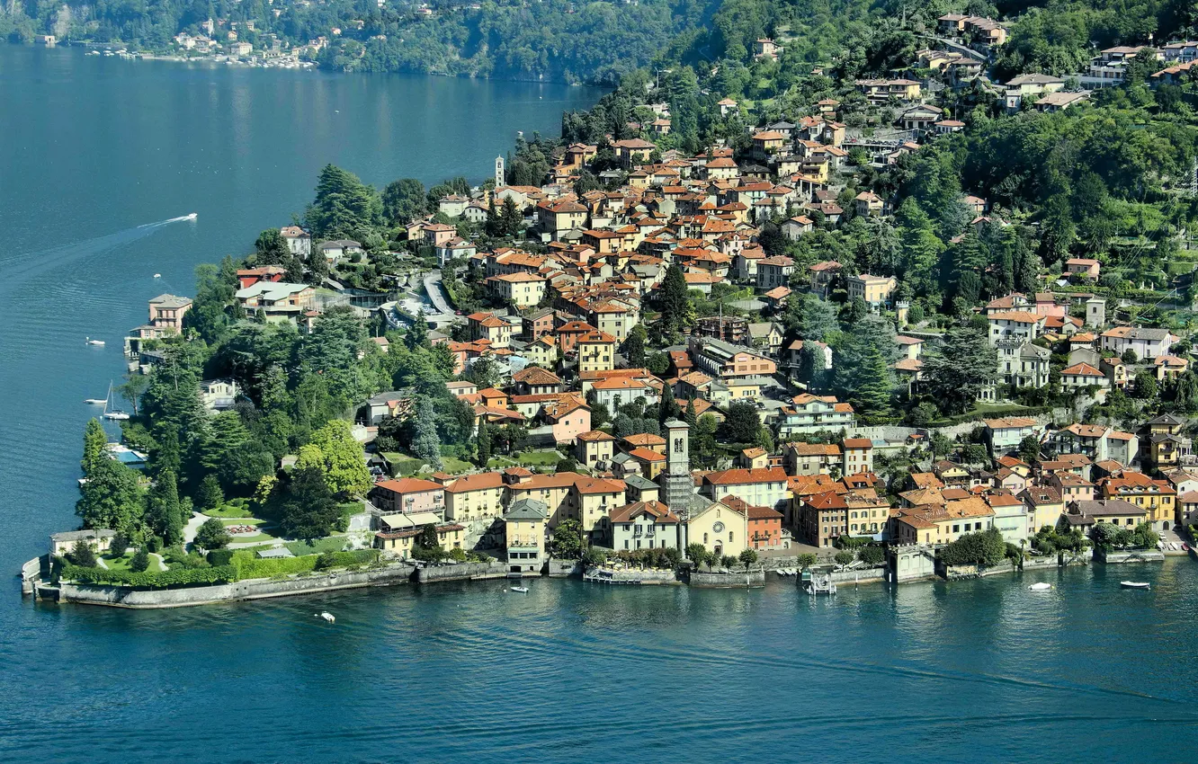 Фото обои город, фото, побережье, Италия, сверху, Como