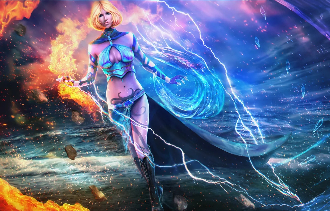 Фото обои вода, девушка, шторм, огонь, магия, арт, Guild Wars 2, elementalist