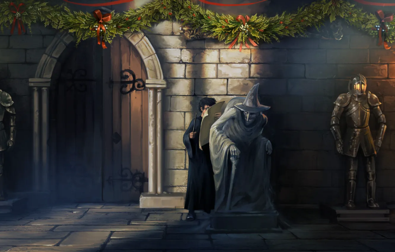 Фото обои доспехи, Рождество, статуя, Гарри Поттер, ведьма, Карта Мародёров