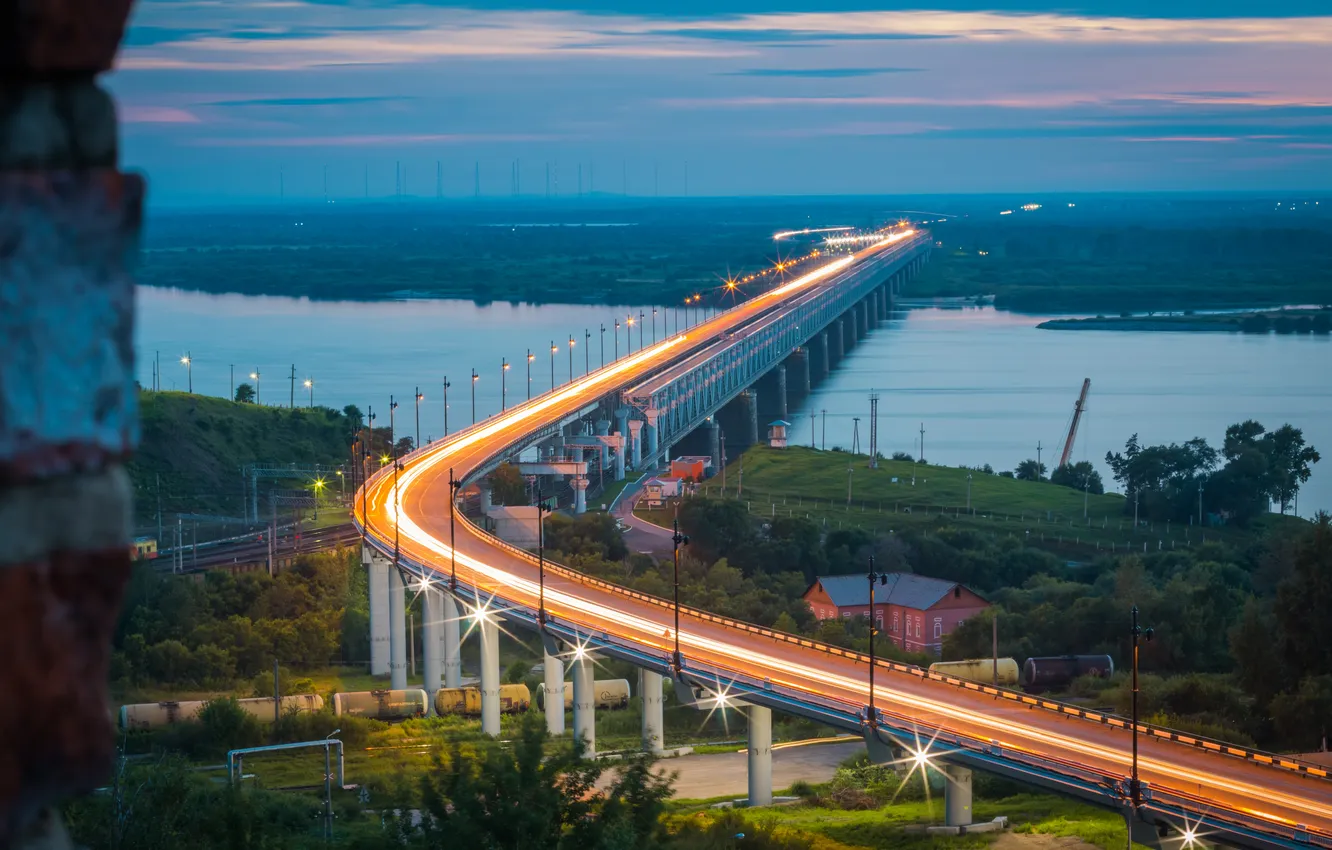 Фото обои city, bridge, view, Amur, khabarovsk
