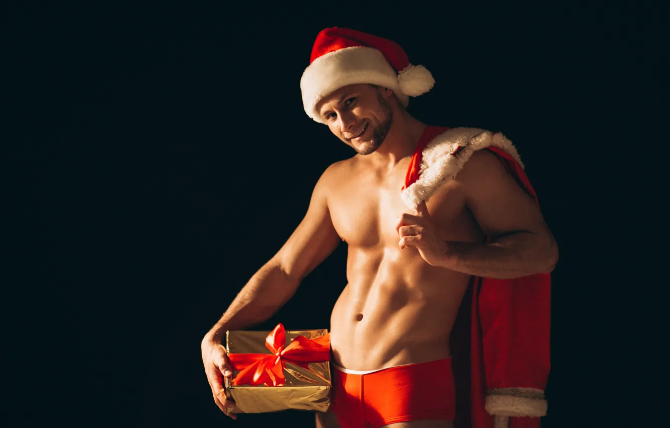 Фото обои секси, лента, подарки, Новый год, мужчина, санта клаус, дед мороз, Happy New Year