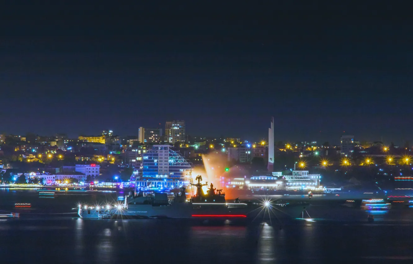 Фото обои ночь, огни, корабли, Севастополь