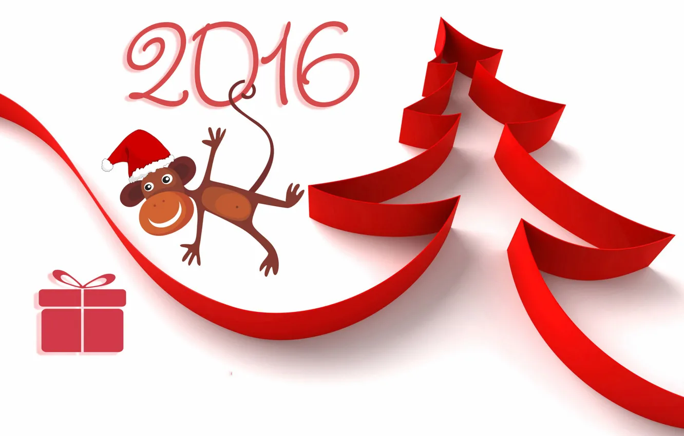 Фото обои красный, коробка, подарок, рисунок, новый год, цифры, лента, белый фон