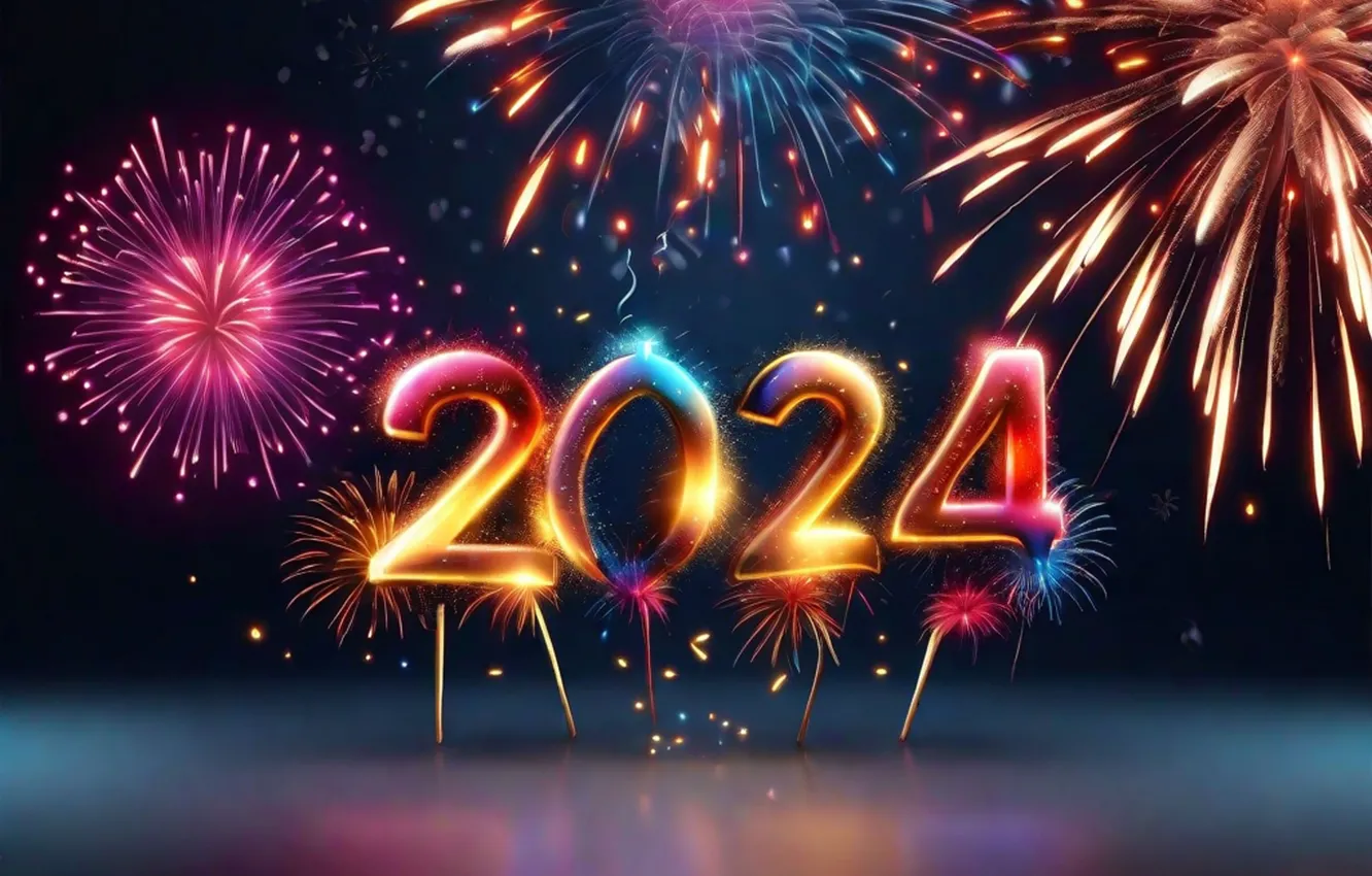 Фото обои салют, colorful, цифры, Новый год, golden, neon, fireworks, decoration