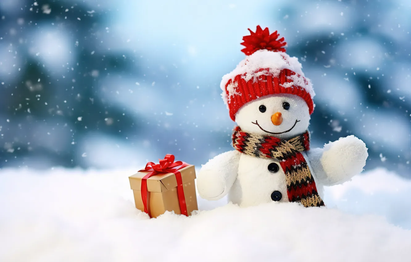 Фото обои зима, снег, снежинки, Новый Год, Рождество, снеговик, happy, Christmas