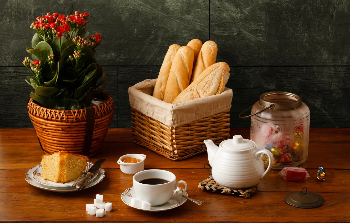 Фото обои кофе, чайник, хлеб, конфеты, чашка, сахар, натюрморт, сдоба