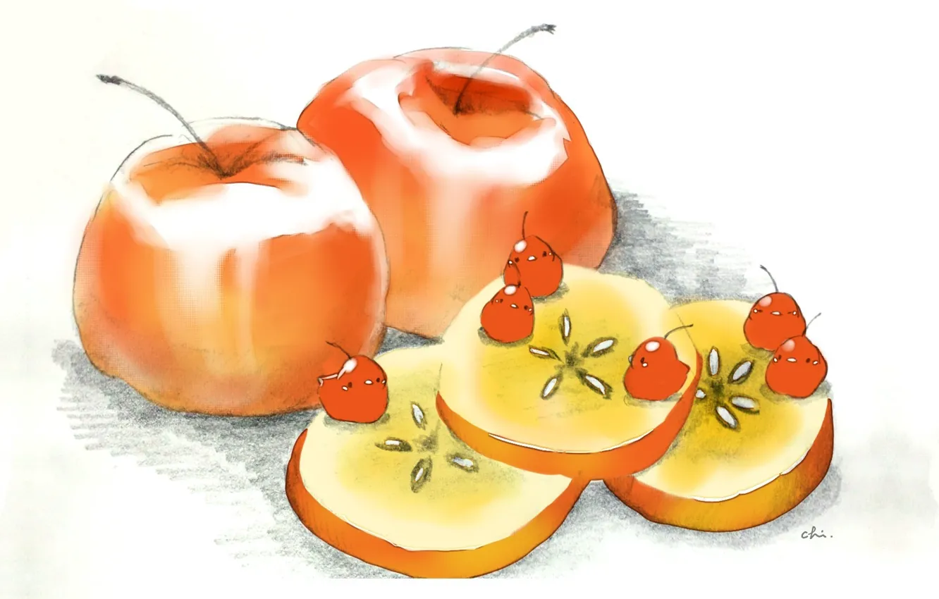 Фото обои птички, на столе, красные яблоки, дольки яблока, by drawing chisanne