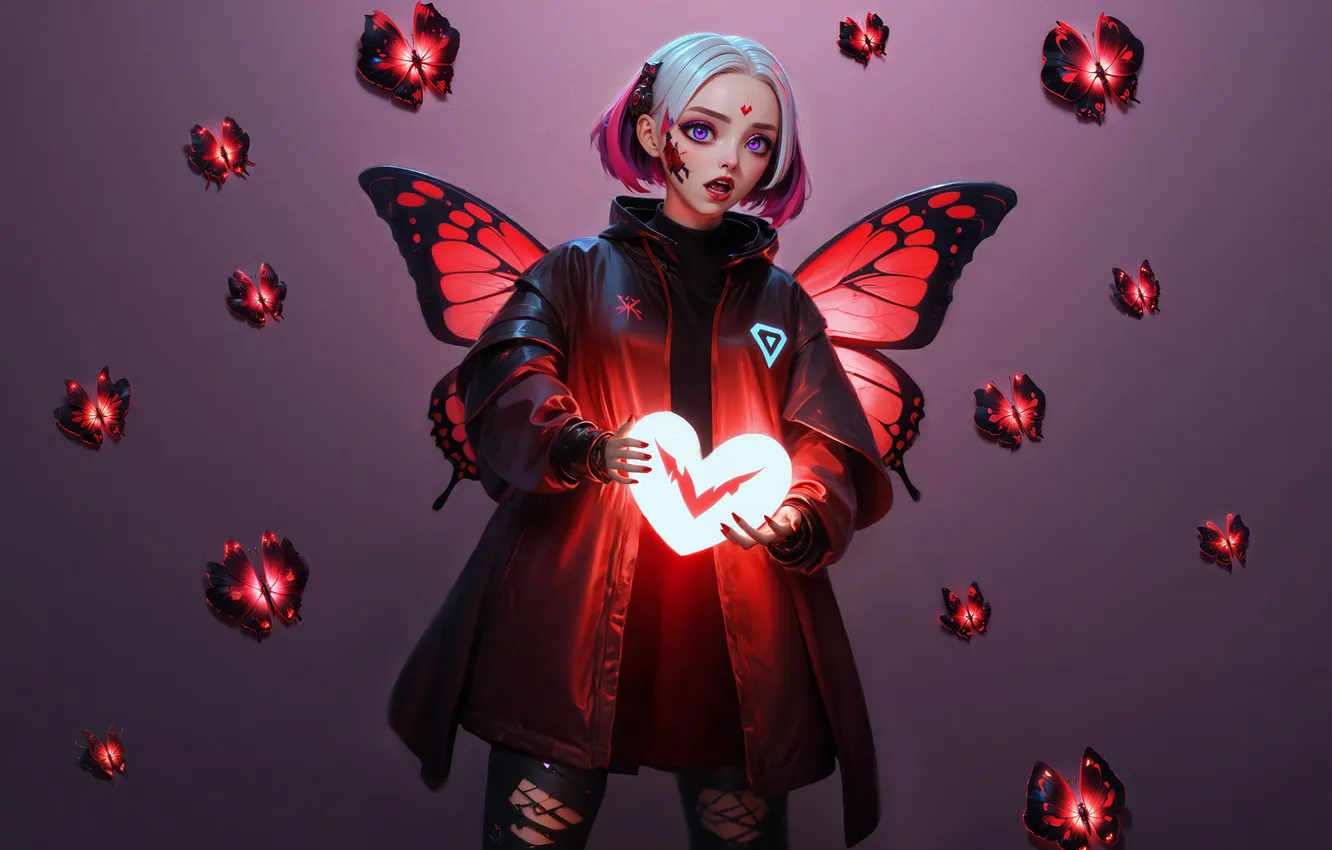 Фото обои девушка, стиль, бабочка, аниме, сердечки, плащ, крылья бабочки