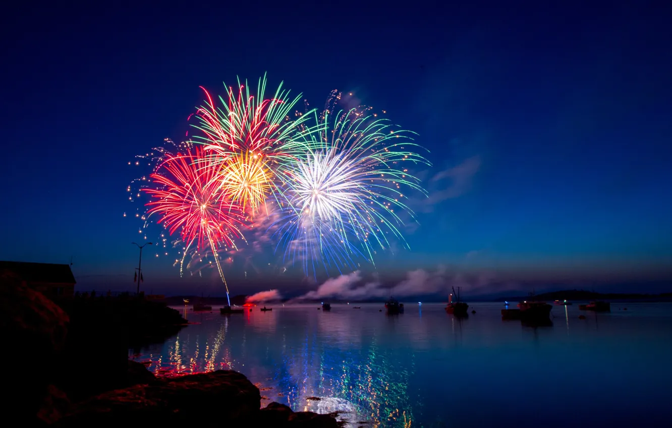Фото обои Sky, Happy New Year, Water, Ocean, Sea, Fireworks, Boat, Ray Hennessy