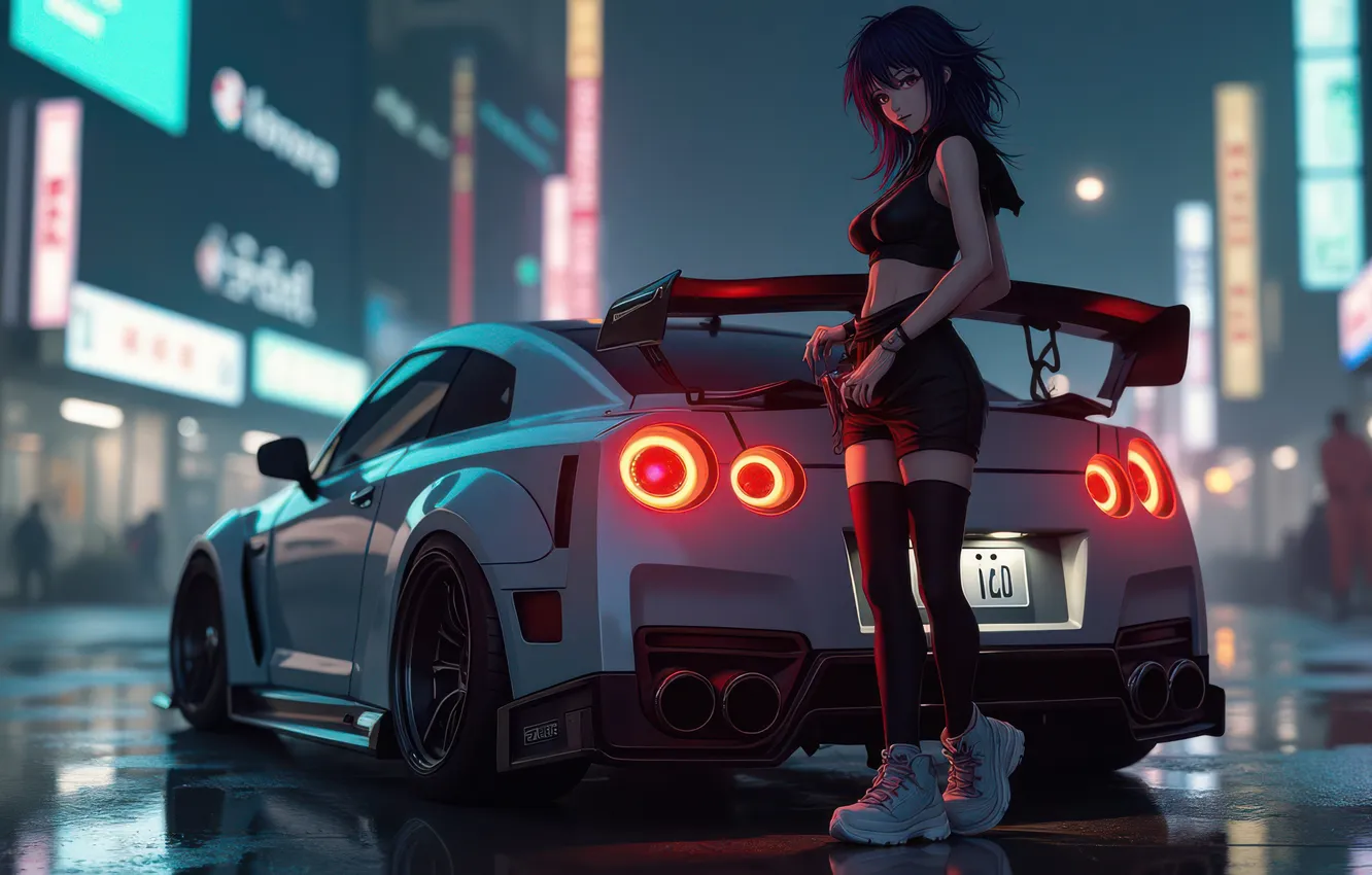Фото обои Girl, City, Nissan, Anime, Nissan GTR, Town, Anime Girl, AI Art