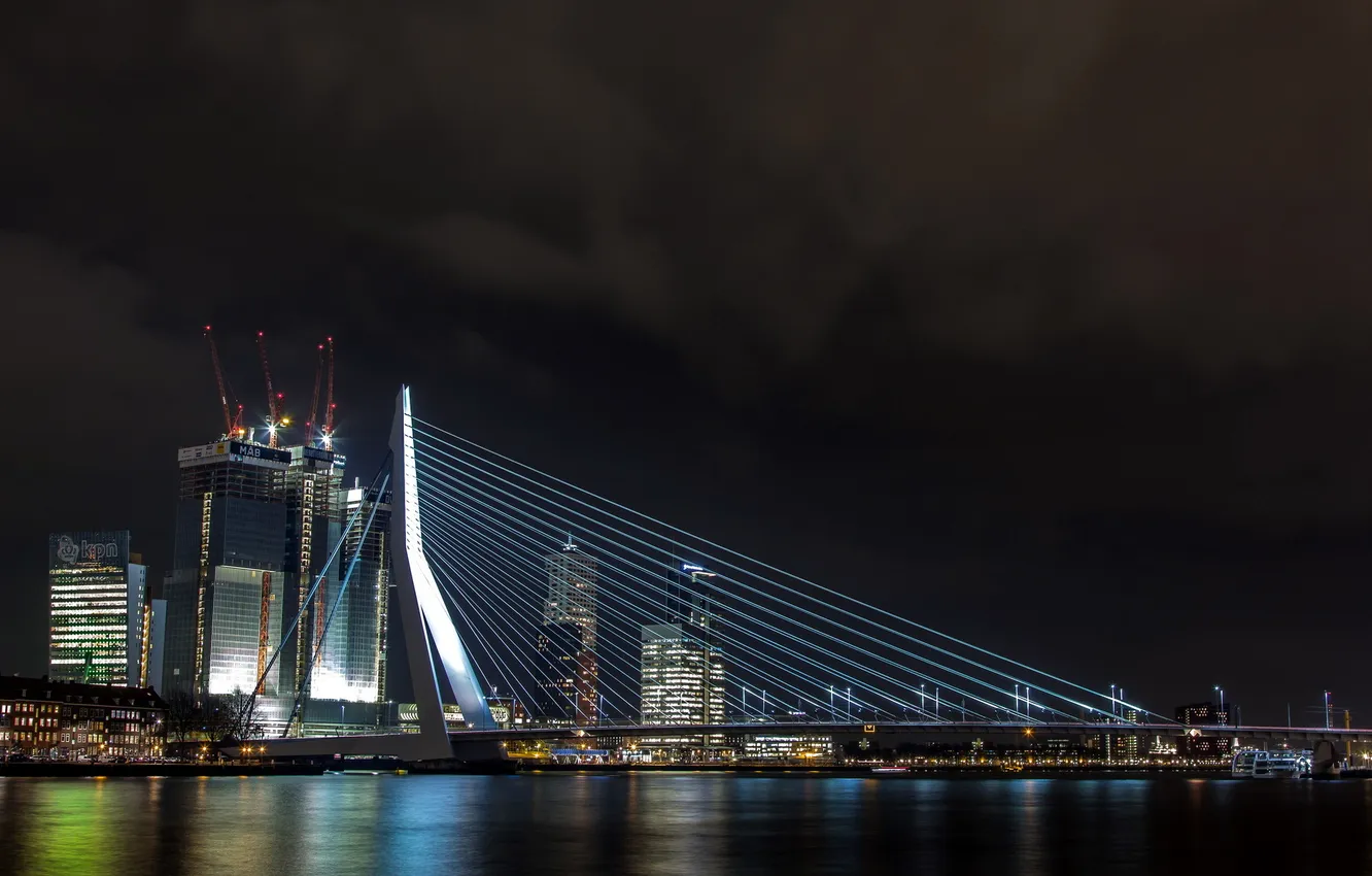 Фото обои ночь, Rotterdam, Erasmus bridge