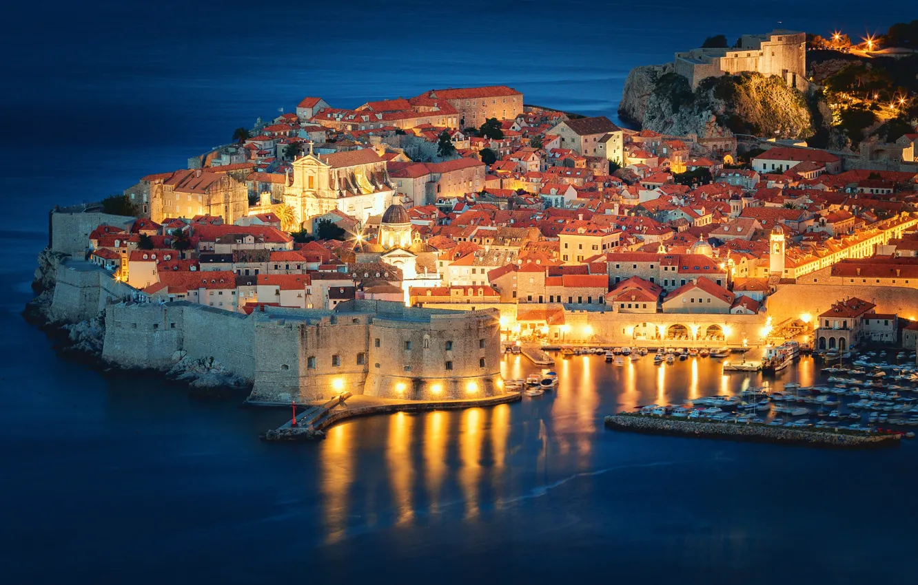 Фото обои море, здания, дома, крепость, ночной город, Хорватия, Croatia, Дубровник