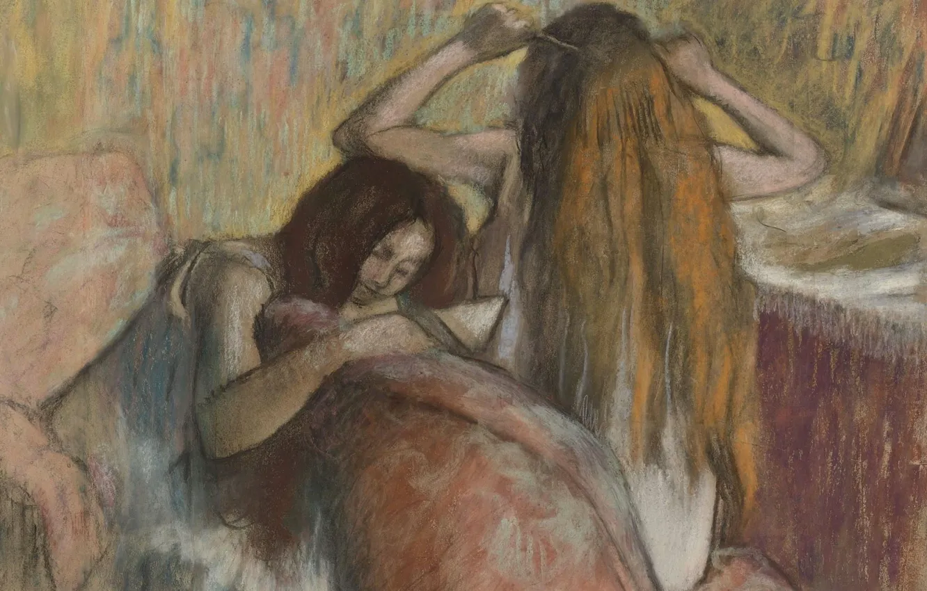 Фото обои картина, жанровая, Эдгар Дега, Edgar Degas, Женщина Расчесывающая Волосы