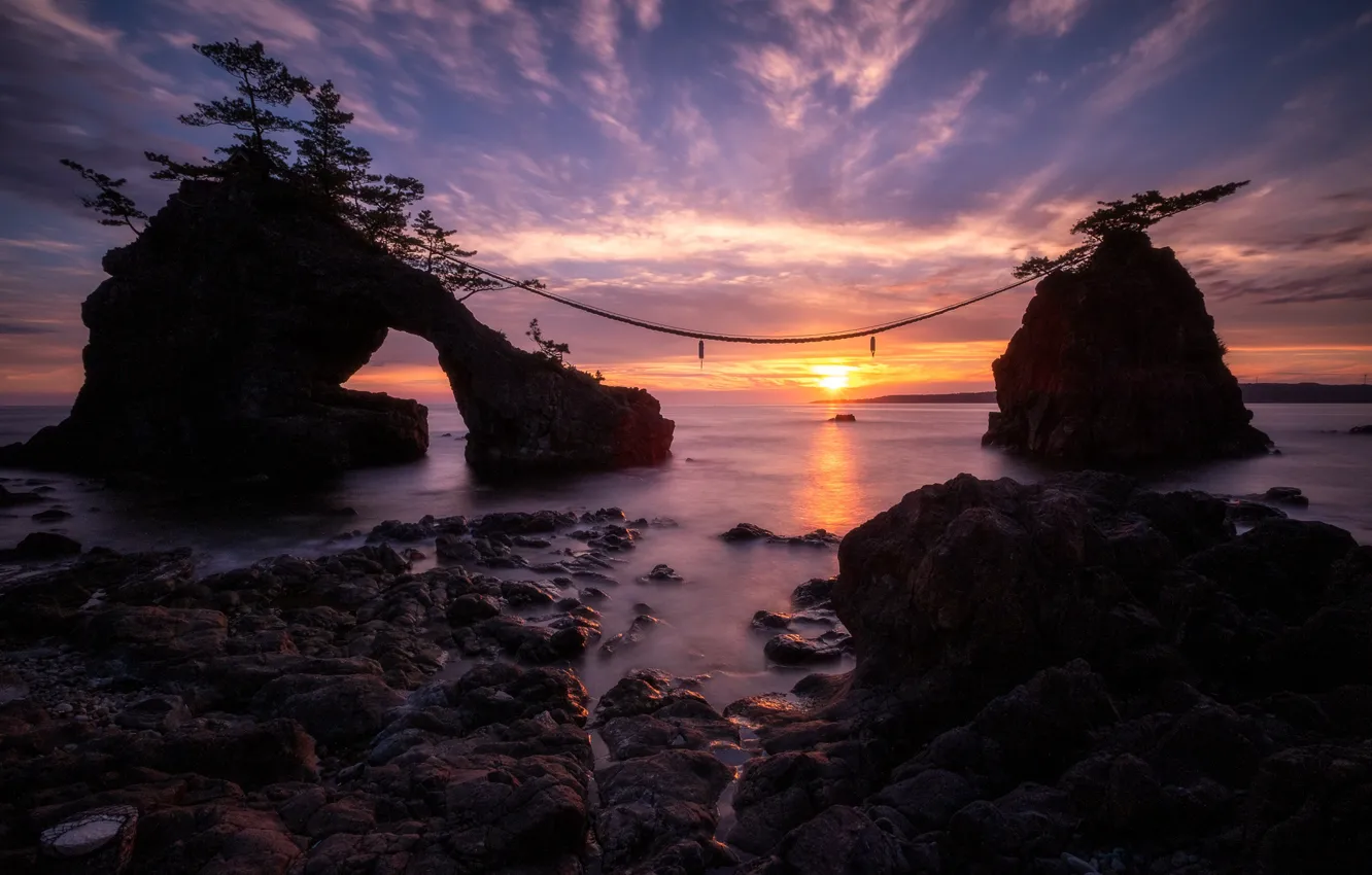 Фото обои море, закат, камни, скалы, Япония, Japan, Японское море, Sea of Japan