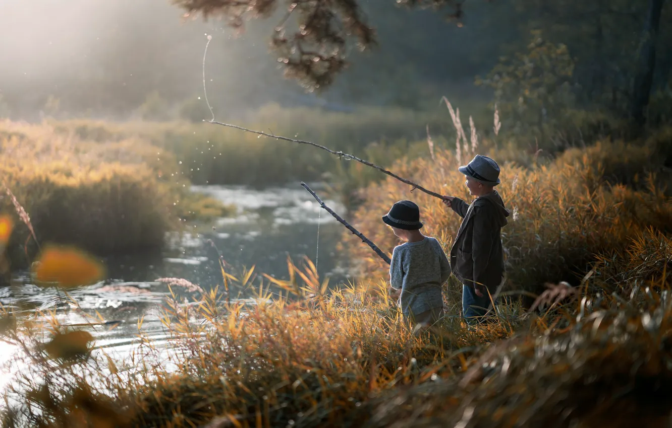 Фото обои река, рыбалка, мальчики