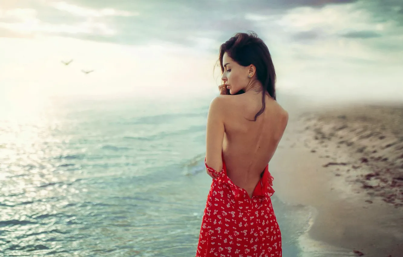 Фото обои море, вода, девушка, ветер, берег, спина, платье, Маргарита
