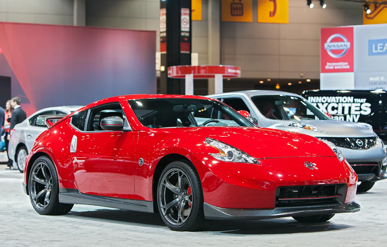 Фото обои nissan, sport, red, 370, sleek, vehicle, show, transportation