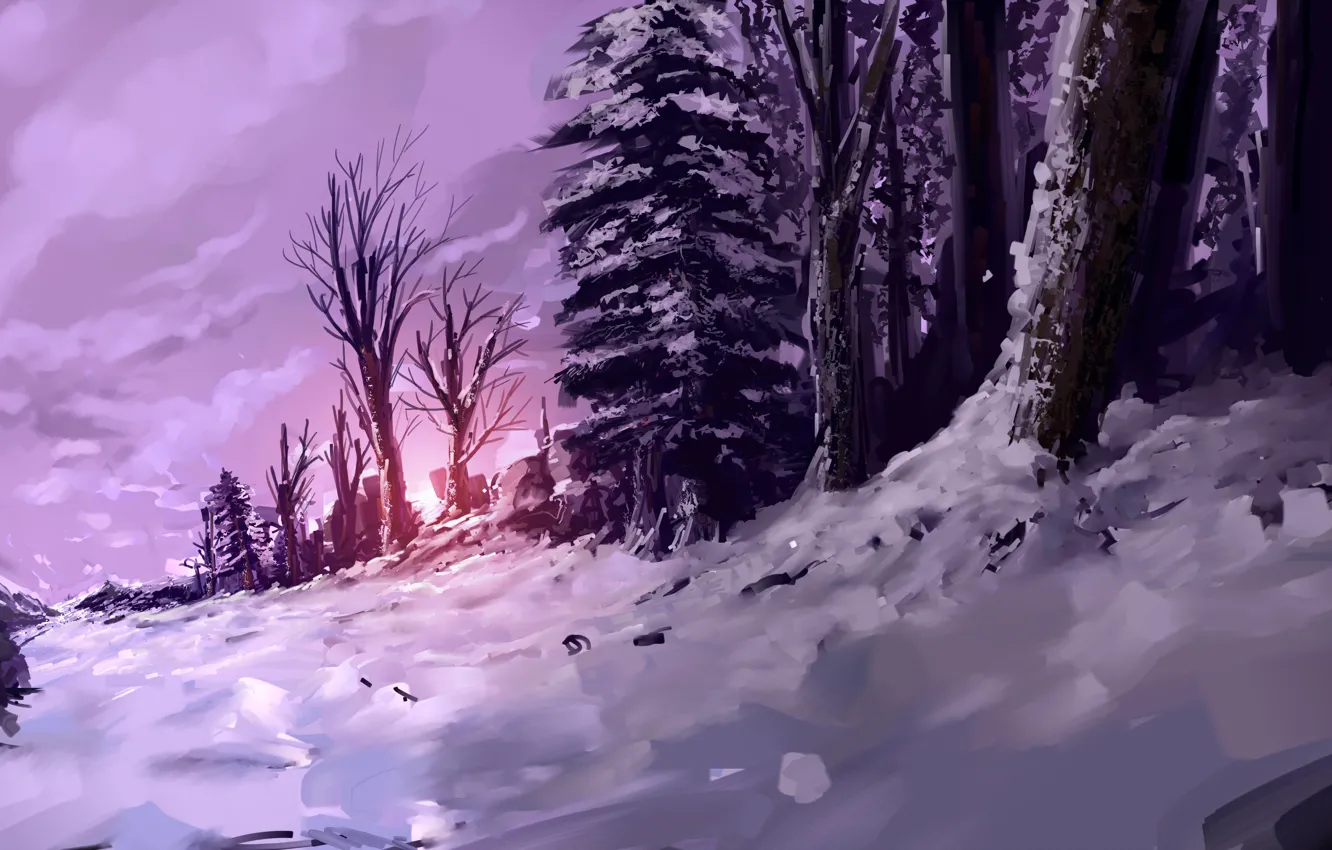 Фото обои зима, лес, снег, закат, арт