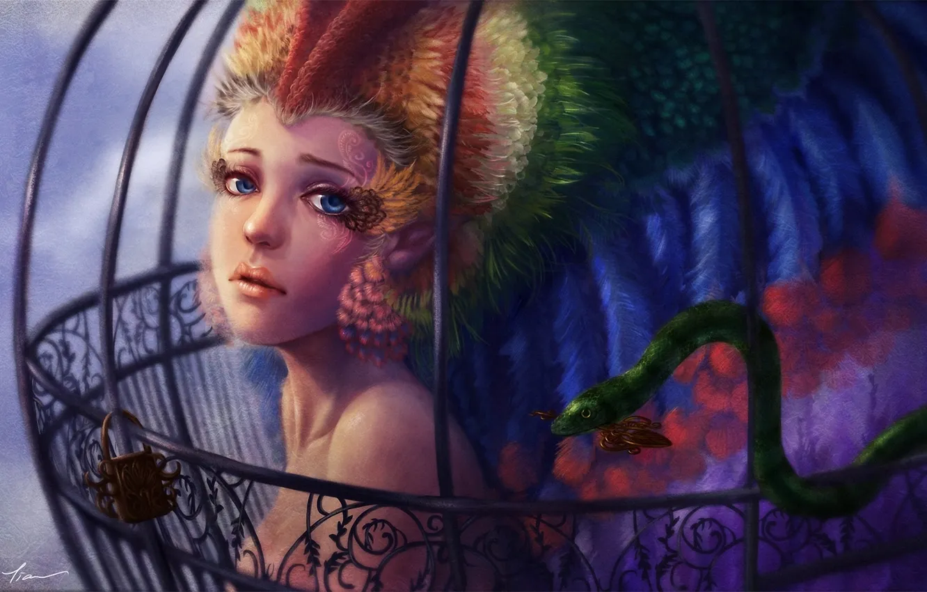 Фото обои взгляд, девушка, змея, клетка, перья, ключ, арт