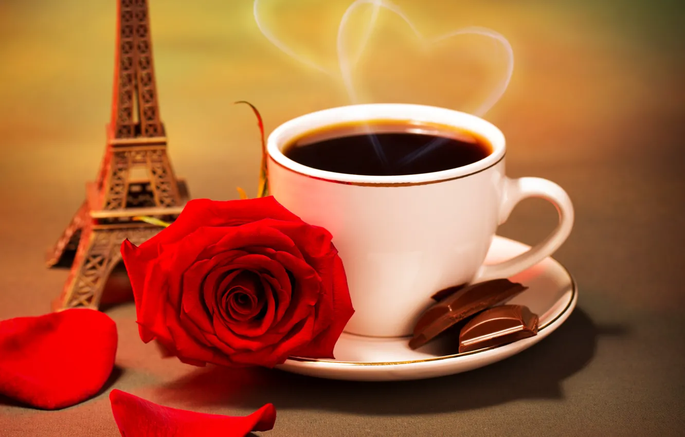 Фото обои любовь, цветы, кофе, розы, red rose, valentine's day, eiffel tower