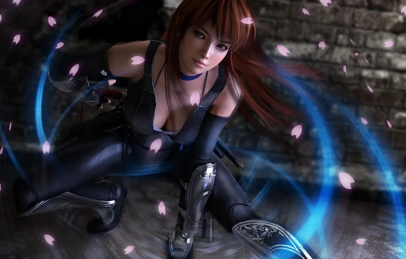 Фото обои девушка, поза, лепестки, Dead or Alive 5, Kasumi Ninja