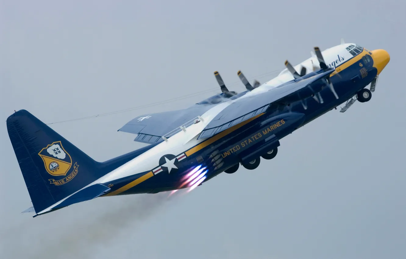 Фото обои самолет, группа, большой, США, ВВС, Lockheed C-130 Hercules, полет., Blue Angels