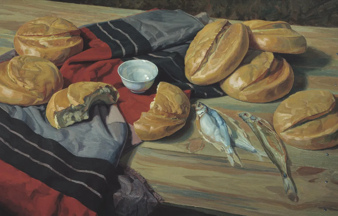 Фото обои стол, рыба, ткань, МАТОРИН Виктор, кисюшка, семь хлебов